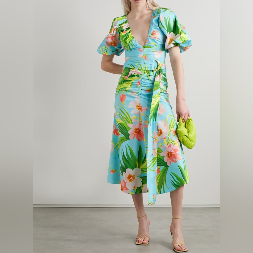 Carolina Herrera aquamarine short puff sleeve rouched dress, Sz. 0 NWT ss23